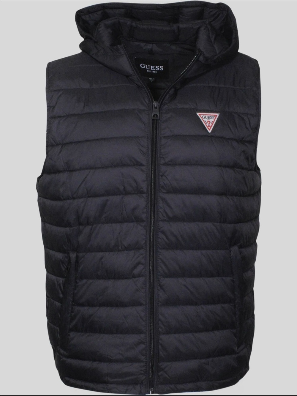 MENS GUESS Black Quilted Hooded Puffer VEST zipper signature GUESS Logo SZ M